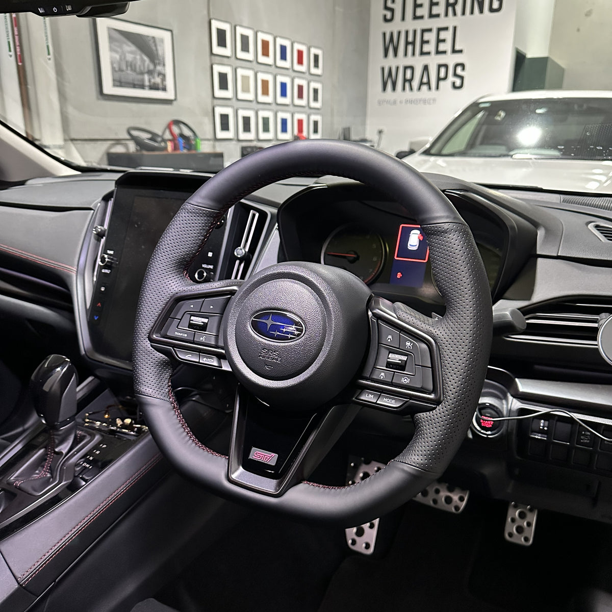 Subaru WRX / STI VB (2022+) Steering Wheel Wrap – Black Leather (smooth top, perforated sides), Wine-red stitch