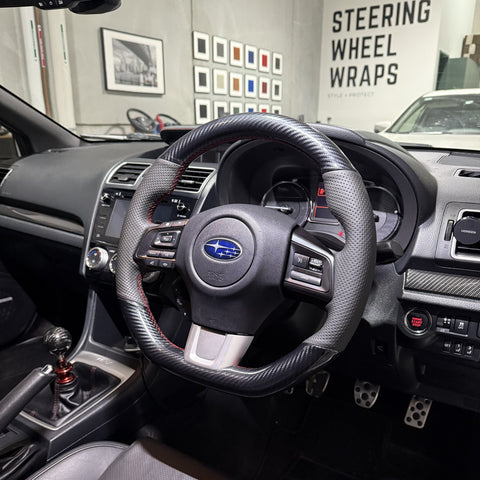 Subaru WRX / STI VA (2015–2021) Steering Wheel Wrap – Gloss Carbon top / Black Perforated Leather sides, Red stitch