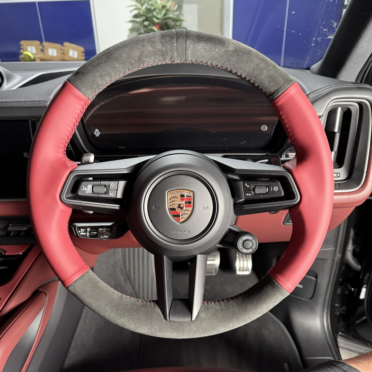 Porsche Cayenne / Macan Steering Wheel Wrap – Dark Grey Alcantara, Wine red leather sides, Wine red stitch, Dark grey Alcantara marker