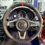 Mazda MX-5 ND (2015+) Steering Wheel Wrap – Black Alcantara, Black Perforated Leather Sides, Red Stitch, Red Alcantara Marker