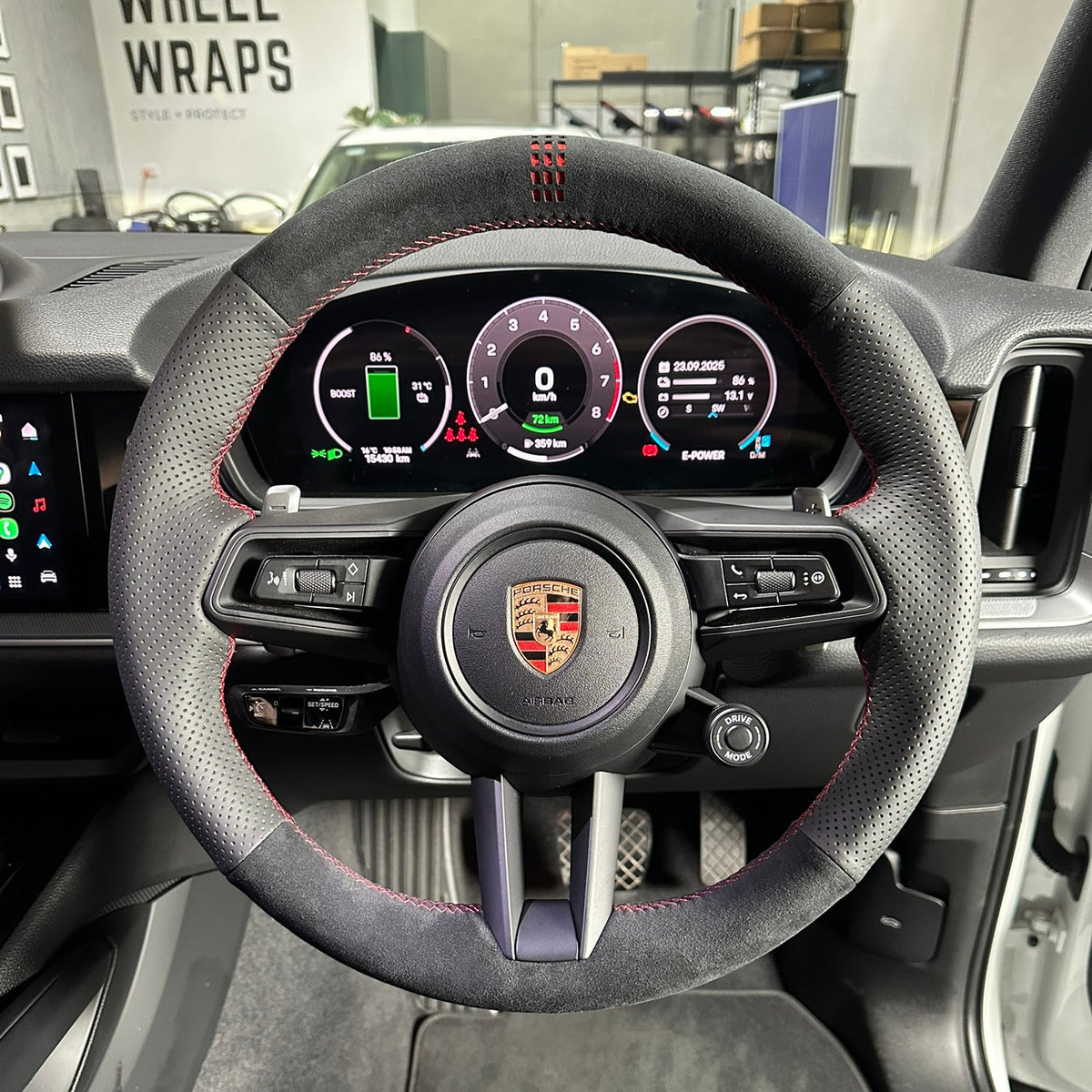 Porsche Cayenne / Macan Steering Wheel Wrap – Black Alcantara, Black perforated leather sides, Red stitch, Red holo-stripe marker