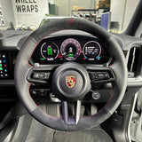 Porsche Cayenne / Macan Steering Wheel Wrap – Black Alcantara, Black perforated leather sides, Red stitch, Red holo-stripe marker