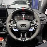 Hyundai i30 / i30 N (2017+) Steering Wheel Wrap – Carbon Carbon top / Black Perforated Leather sides, Red stitch, Red Leather marker