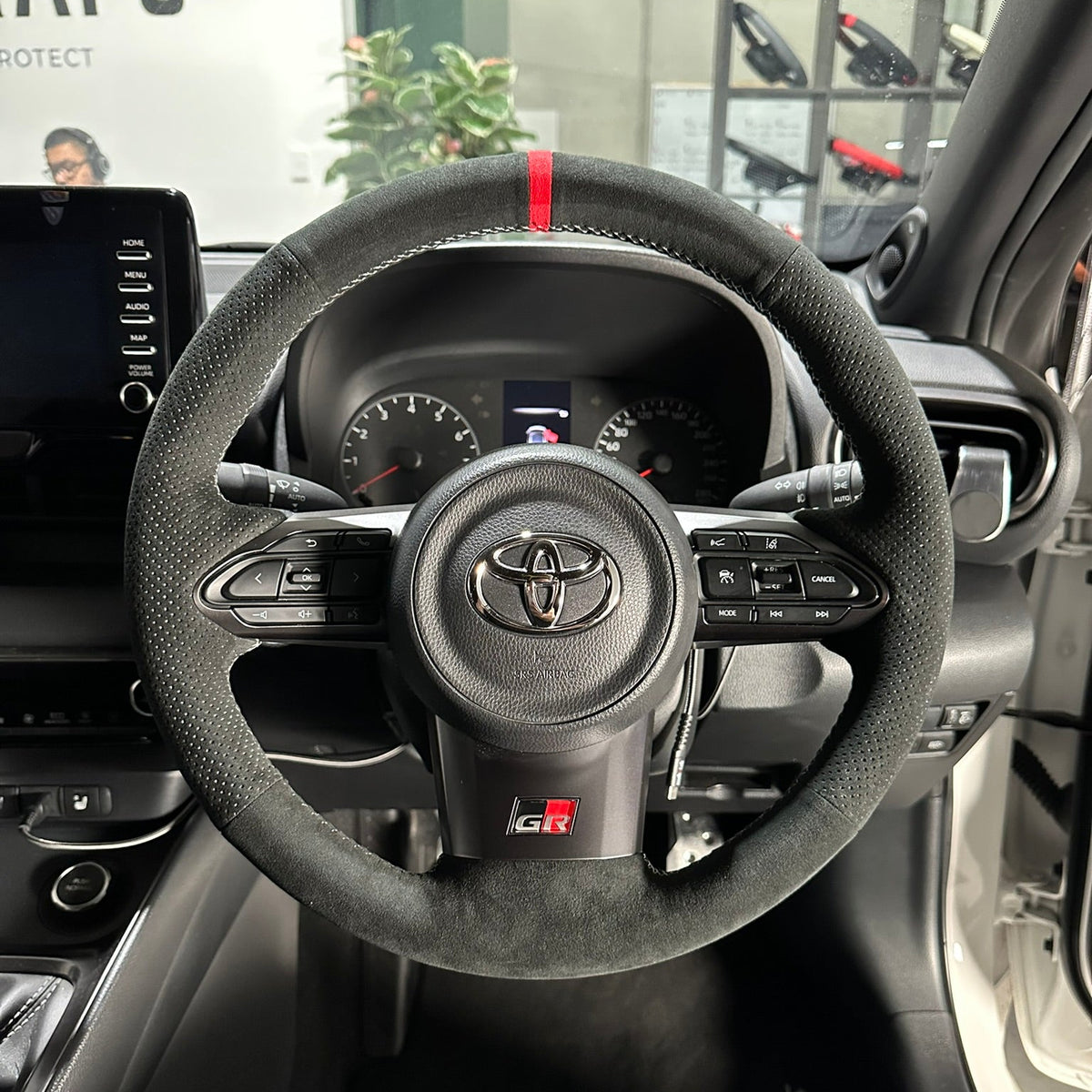 Toyota GR Yaris (2020-2025) Steering Wheel Wrap – Black Alcantara top / Black Alcantara Perforated sides, Wine Red stitch, Red Leather marker, Paddles