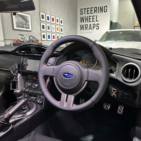 Toyota 86 / Subaru BRZ (2012–2021) Steering Wheel Wrap – Black Leather (smooth top, perforated sides), Red stitch