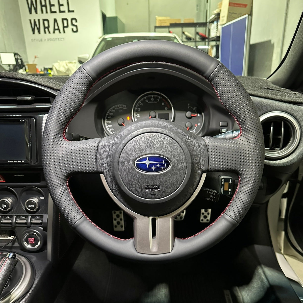 Toyota 86 / Subaru BRZ (2012–2021) Steering Wheel Wrap – Black Leather (smooth top, perforated sides), Red stitch