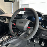 Audi RS (2025+) Steering Wheel Wrap – Black Alcantara top / Black Alcantara Perforated sides, Red stitch, Red Alcantara® marker, Paddles