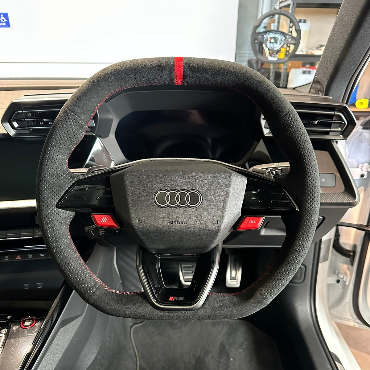 Audi RS (2025+) Steering Wheel Wrap – Black Alcantara top / Black Alcantara Perforated sides, Red stitch, Red Alcantara® marker, Paddles