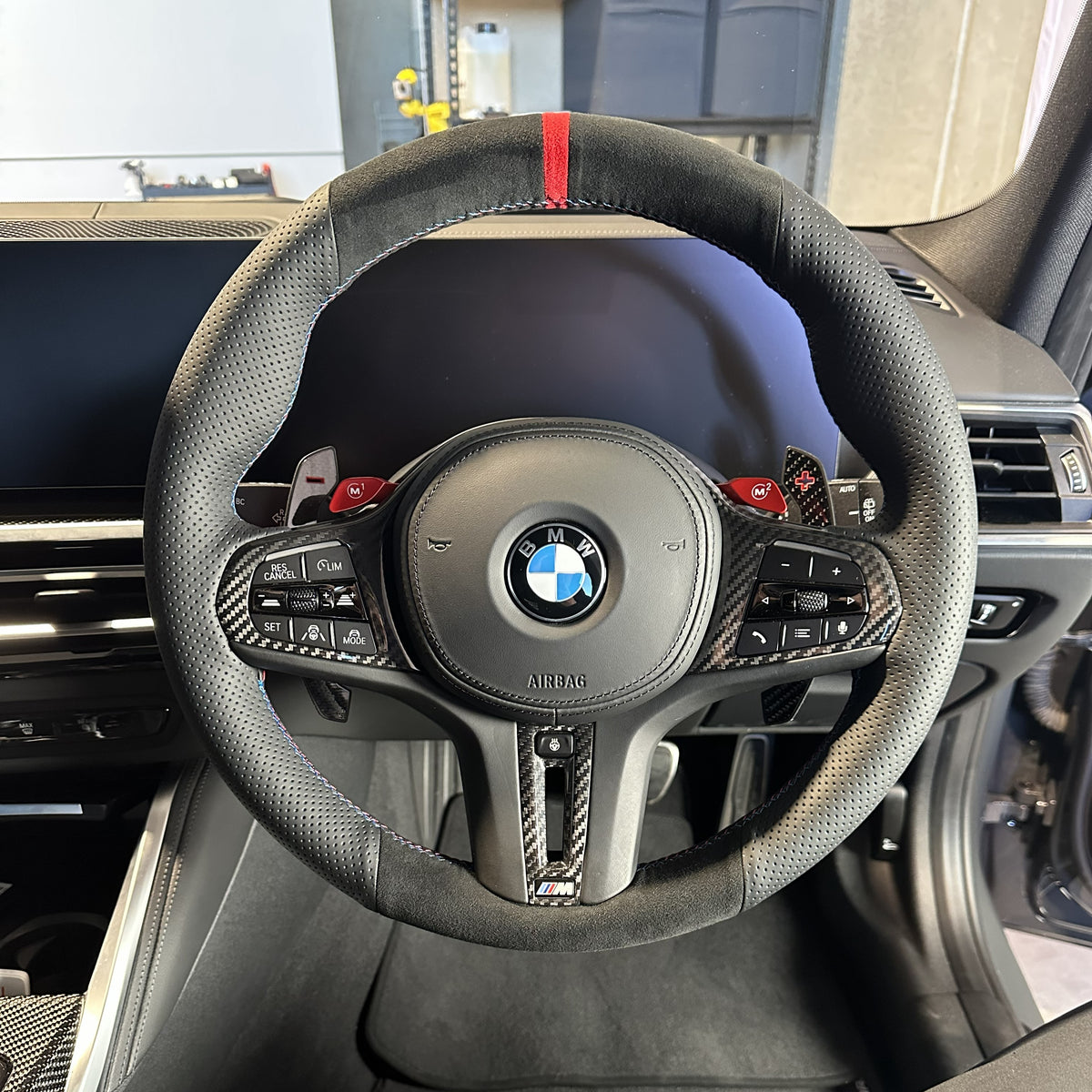 BMW G-Series (2019-2024) Steering Wheel Wrap – Black Alcantara top / Black Perforated Leather sides, BMW M stitch, Red Alcantara® marker