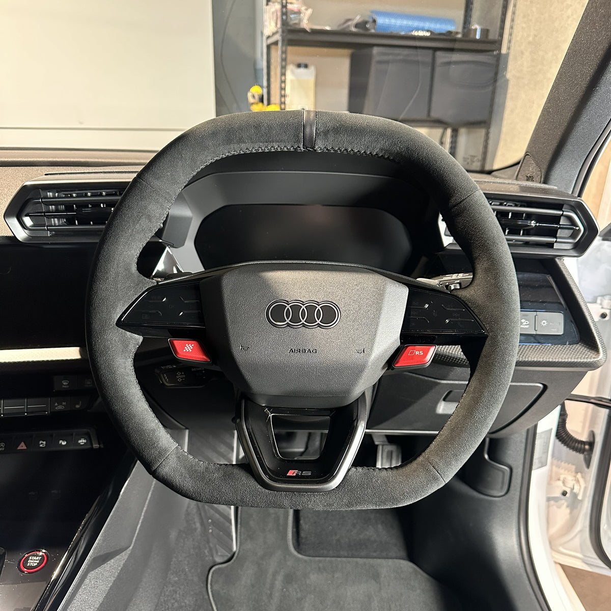 Audi RS (2025+) Steering Wheel Wrap – Black Alcantara, Black stitch, Black Leather marker