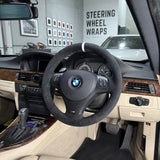 BMW E-Series (pre-2012) Steering Wheel Wrap – Black Alcantara, Black stitch, White leather marker