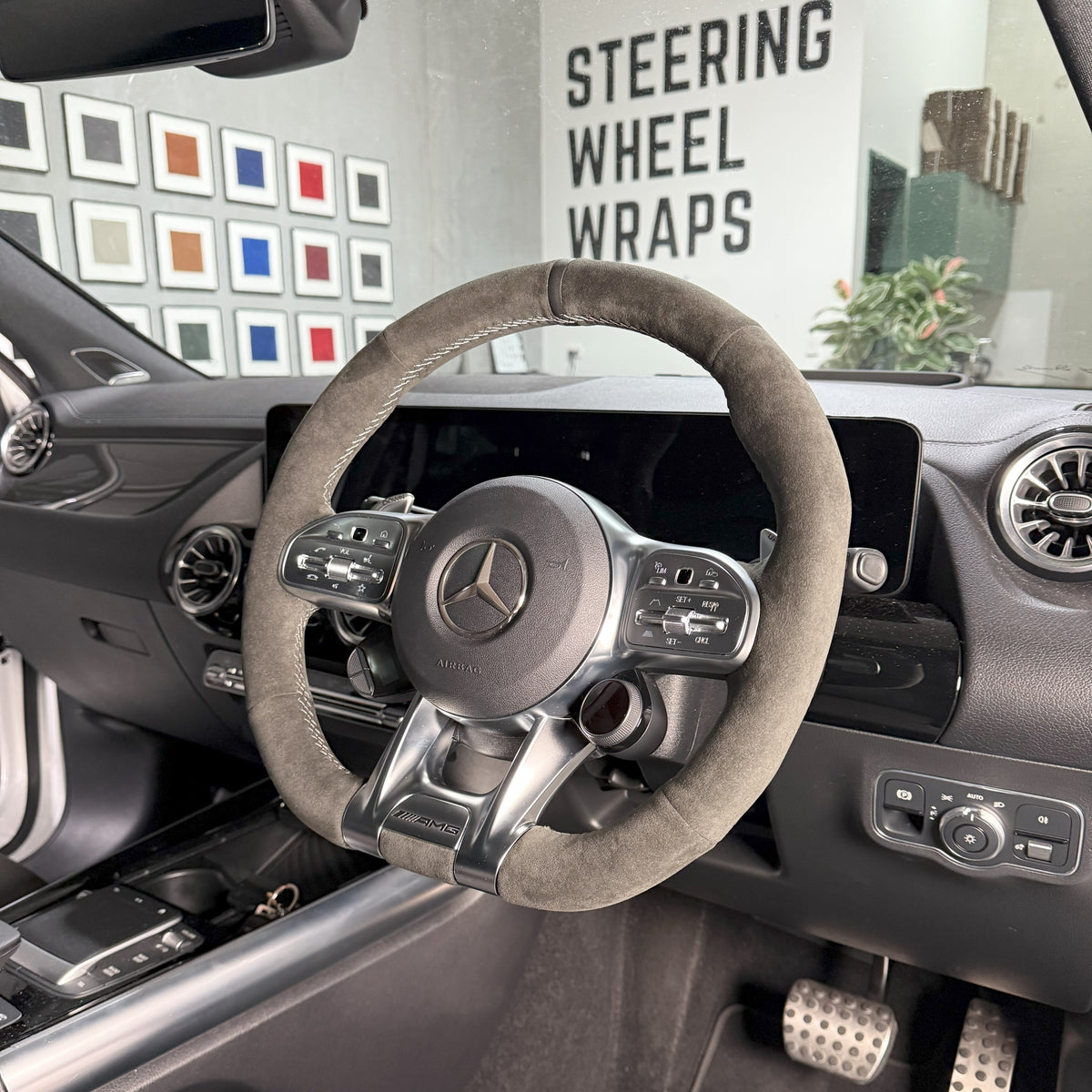 Mercedes-AMGs (2015–2021) Steering Wheel Wrap – Dark Grey Alcantara, Grey stitch, Black leather marker