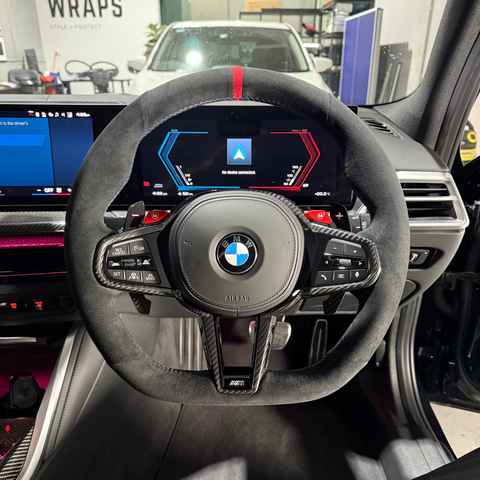BMW M2 / M3 / M4 (G8x) (2025+) Steering Wheel Wrap – Black Alcantara, BMW M Colours stitch, Red Alcantara® marker