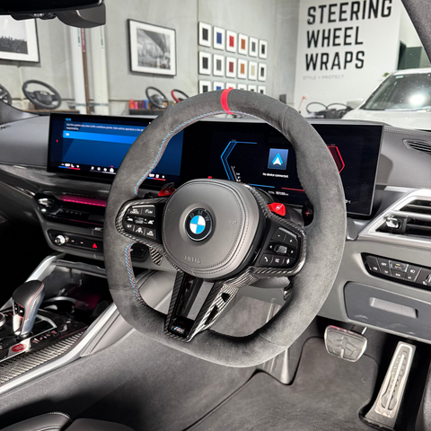 BMW M2 / M3 / M4 (G8x) (2025+) Steering Wheel Wrap – Black Alcantara, BMW M Colours stitch, Red Alcantara® marker