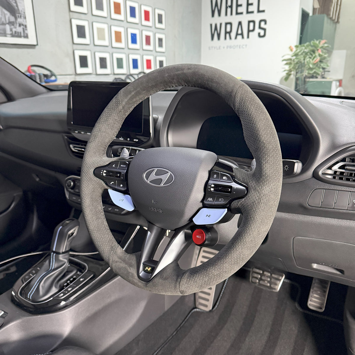 Hyundai i30 / i30 N (2017+) Steering Wheel Wrap – Dark Grey Alcantara top / Perforated sides, Black stitch