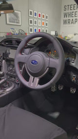 Toyota 86 / Subaru BRZ (2012–2021) Steering Wheel Wrap – Black Leather (smooth top, perforated sides), Red stitch