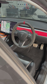 Tesla Model 3 / Y (2017–2024) Steering Wheel Wrap – Black Leather, Black Alcantara sides, Red stitch, Red Alcantara marker