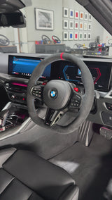 BMW M2 / M3 / M4 (G8x) (2025+) Steering Wheel Wrap – Black Alcantara, BMW M Colours stitch, Red Alcantara® marker
