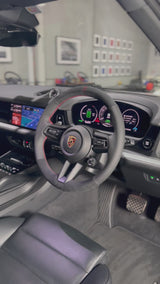 Porsche Cayenne / Macan Steering Wheel Wrap – Black Alcantara, Black perforated leather sides, Red stitch, Red holo-stripe marker