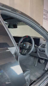 BMW G-Series (2019-2024) Steering Wheel Wrap – Gloss Black Carbon top / Black Perforated Leather sides, Red stitch, Red Alcantara® marker